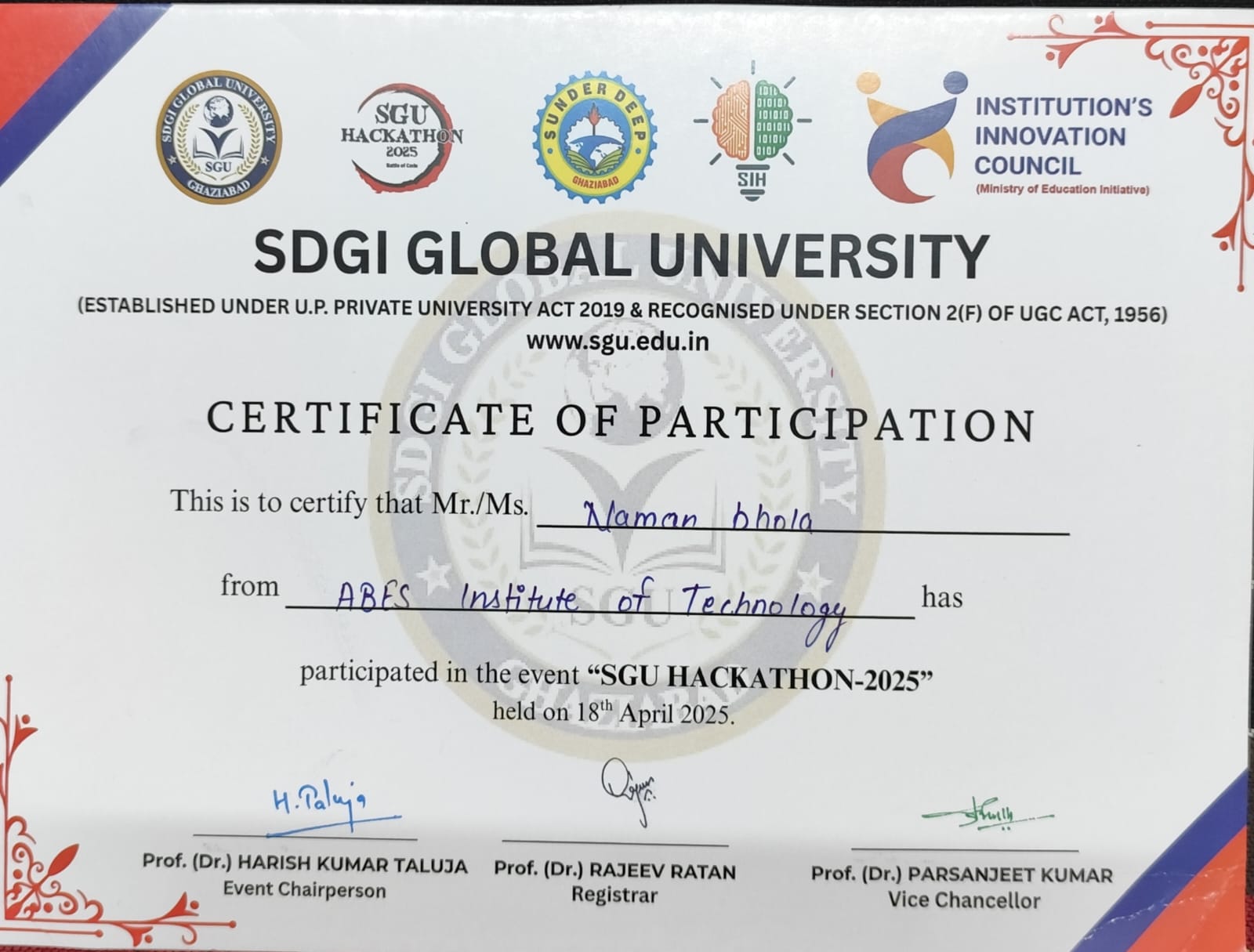 SGU Hackathon Certificate